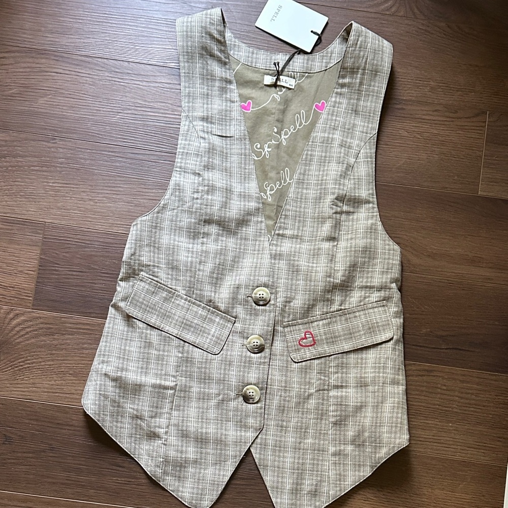 BNWT Spell Beige Plaid Arizona Vest with Pink Heart Detail XXS
